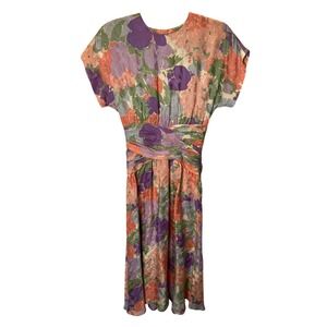 Vintage Maggy London Silk Floral Dress Womens 4 Multicolor Retro Chic Garden 80s